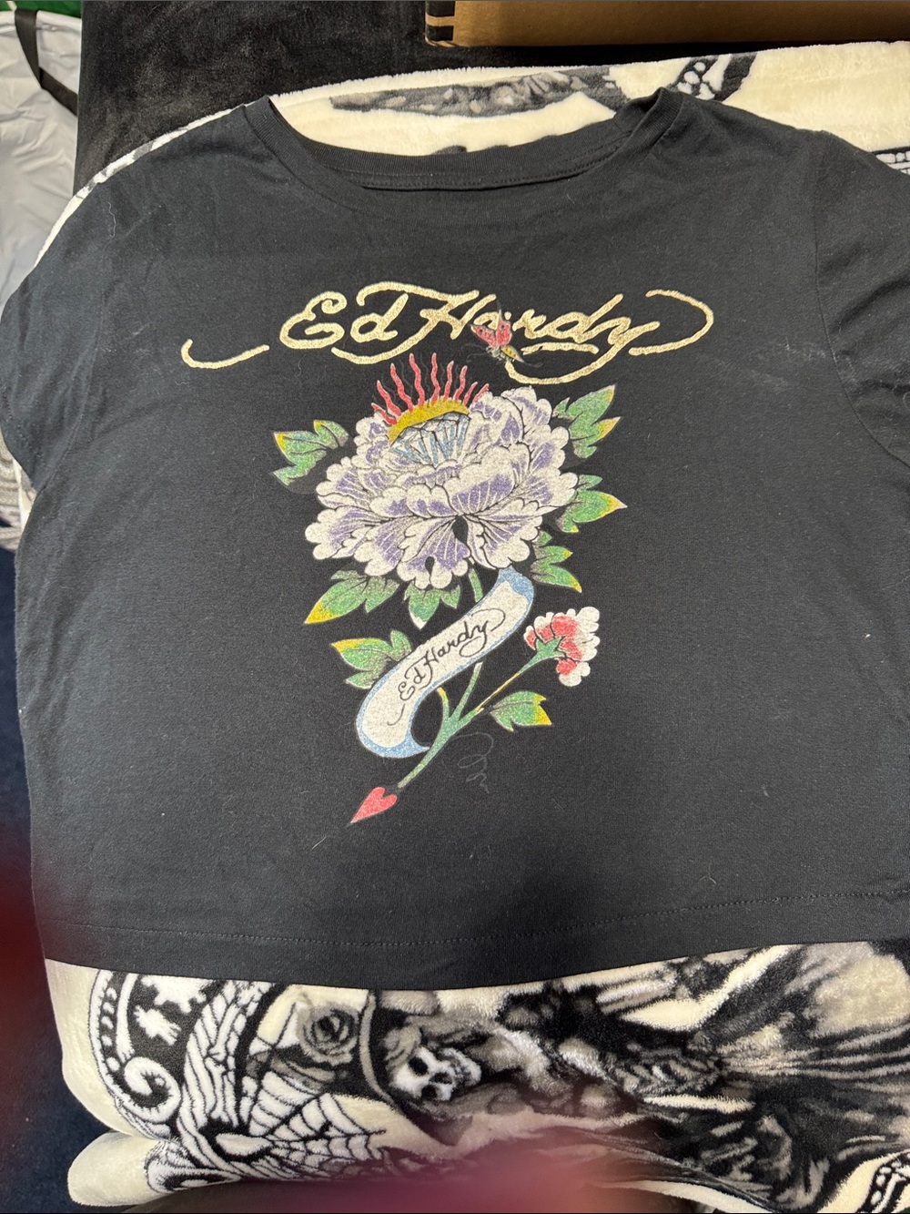 Ed Hardy Black Short Sleeve Tee with Floral Graphic